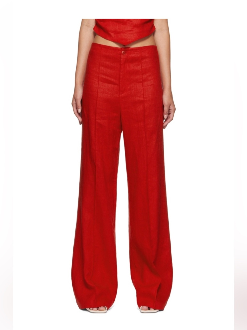 Reformation Silvie Linen Lipstick Red High-Waist Flare Wide-Leg Pants Size 0